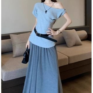 One-Shoulder Short-Sleeve Top with Belt and High-Rise Solid Maxi Flared Skirt