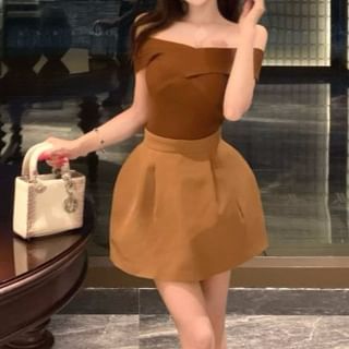Off-Shoulder Ribbed Knit Sleeveless Top with High-Waist Solid Flared Mini Skirt
