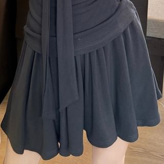 Tie-Neck Short-Sleeve Top with High-Waist Solid Mini Flared Skirt