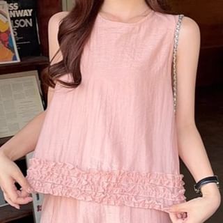 Crew-Neck Frilled Sleeveless Top with High-Rise Maxi Flared Skirt