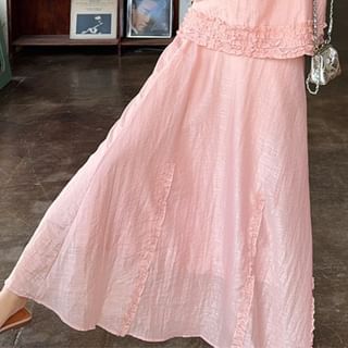 Crew-Neck Frilled Sleeveless Top with High-Rise Maxi Flared Skirt