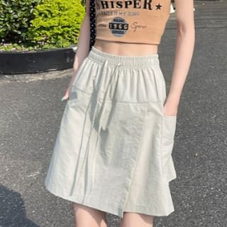 Drawstring-Waist Slit Mini Flared Skirt