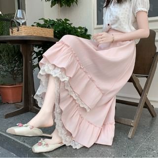 Elastic-Waist Lace-Panel Asymmetric Midi Flared Skirt