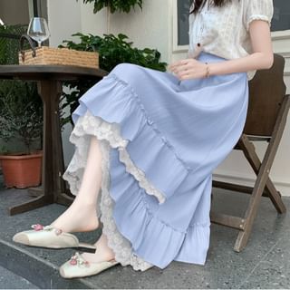 Elastic-Waist Lace-Panel Asymmetric Midi Flared Skirt