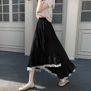 Elastic-Waist Lace-Panel Asymmetric Midi Flared Skirt