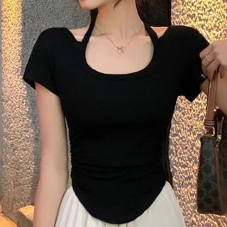 Ruched Halter Plain Short-Sleeved Tee