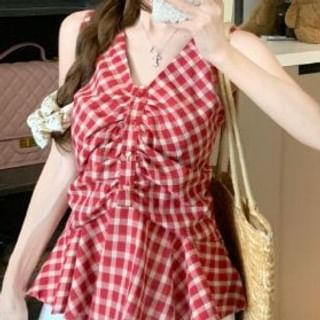 Plaid Peplum Ruched Sleeveless V-Neck Blouse