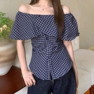 Plaid Off-Shoulder Short-Sleeved Blouse