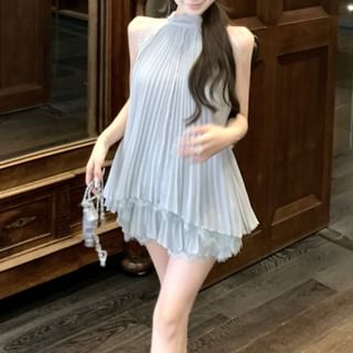 Accordion-Pleated Lace Tank & Flowy Mini A-Line Skirt Set