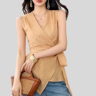 Plain Asymmetric Tie-Waist Wrap Top, Sleeveless V-Neck