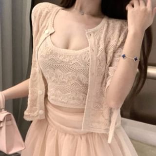 Crochet Crop Tank, Cardigan & Mesh Mini Skirt