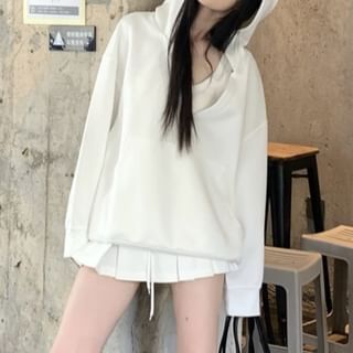 V-Neck Oversized Hoodie, High-Waist Mini Pleated Skirt & Scoop Neck Tank