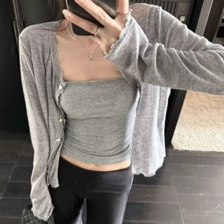 V-Neck Plain Lace Trim Button Up Cardigan