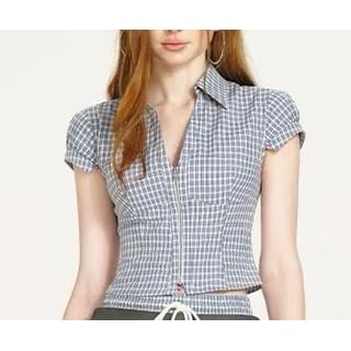 Short-Sleeve Collared Plaid Zip Shirt / High Waist Mock Two Piece Skorts / Set