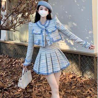 Set: Plaid Tweed Button-Up Crop Jacket + Mini Pleated Skirt