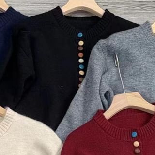 Crewneck Button-Front Knit Cardigan