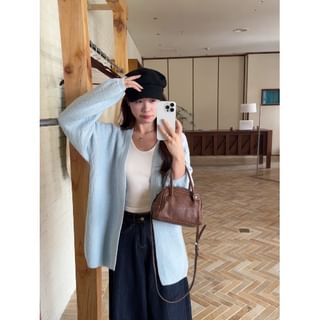 Textured Open Front Plain Knit Cardigan