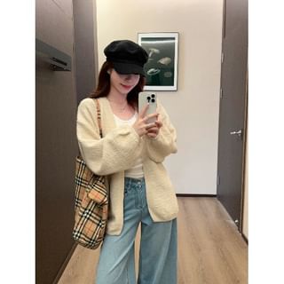 Textured Open Front Plain Knit Cardigan