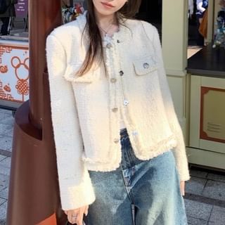 Round Neck Plain Fringed Button Jacket