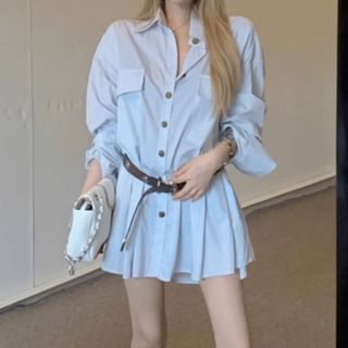 Oversized Striped Shirt with Belt and Long Sleeves Set