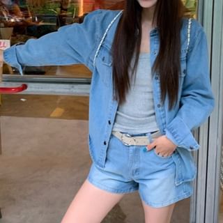 Long-Sleeve Collared Washed Denim Button Shirt / High Waist Washed Denim Shorts with Belt