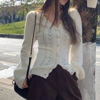 V-Neck Plain Pointelle Cable Knit Cardigan