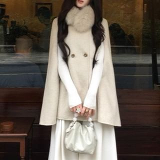 Detachable Faux Fur Collar Plain Double Breasted Cape