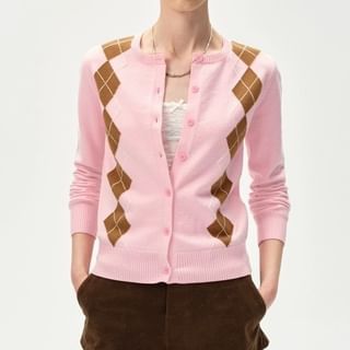Round Neck Argyle Cardigan