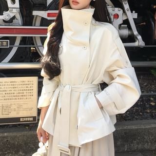 Stand Collar Plain Double Breasted Trench Jacket