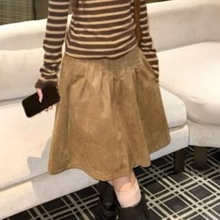 Long-Sleeve Henley Striped Knit Top and Plain A-Line Skirt