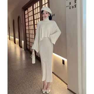 Set: Batwing-Sleeve Turtleneck Cable Knit Crop Top + Sleeveless Round Neck Slit Maxi Sheath Knit Dress