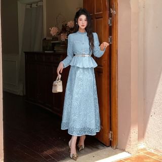 Set: Long-Sleeve Stand Collar Peplum Lace Blouse + High Waist Maxi A-Line Skirt