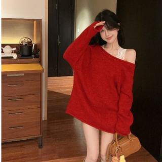 V-Neckline Lace Insert Plain Knit Sweater