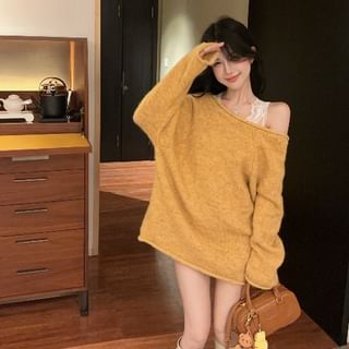 V-Neckline Lace Insert Plain Knit Sweater