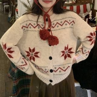 Crewneck Jacquard Button-Up Cardigan