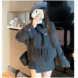 Plain Wool Jacket / High Waist Plain Mini Skirt