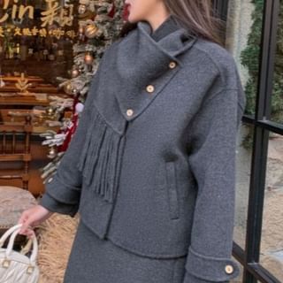 Plain Button Up Wool Jacket / High Waist Plain Mini A-Line Skirt