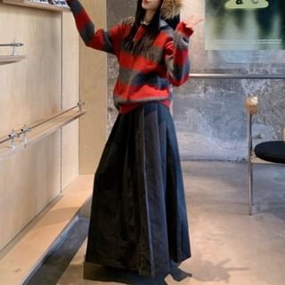 Henley Striped Sweater & Pleated Maxi Skirt Two-Piece Set