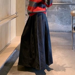 Henley Striped Sweater & Pleated Maxi Skirt Two-Piece Set