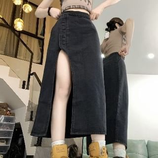 High Rise Washed Denim Slit Midi A-Line Skirt