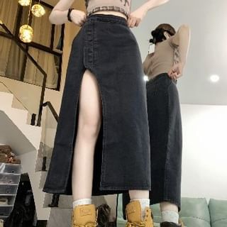 High Rise Washed Denim Slit Midi A-Line Skirt