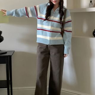Hooded Drop Shoulder Striped Zip Cardigan