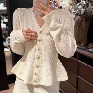 V-Neck Button-Up Plain Cable Knit Peplum Cardigan
