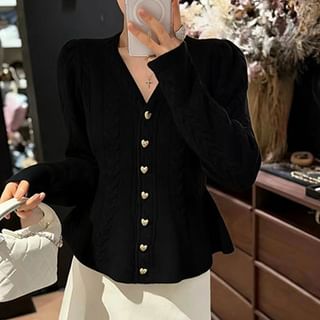 V-Neck Button-Up Plain Cable Knit Peplum Cardigan
