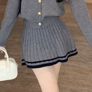 Round Neck Cardigan and Mini A-Line Skirt Set