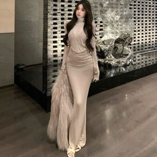 Ruched Sheath Dress & Turtleneck Mesh Top