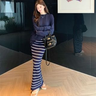 Crew Neck Tee with Striped Maxi Pencil Skirt