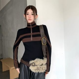 Turtleneck Half-Zip Striped Long Sleeve Fitted Tee