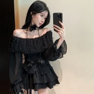 Off Shoulder Lace Top and Tiered Mini Skirt Set