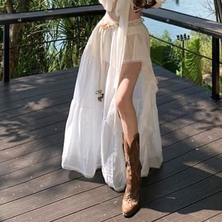 Puff-Sleeve V-Neck Crop Blouse and Low Waist Maxi A-Line Skirt Set